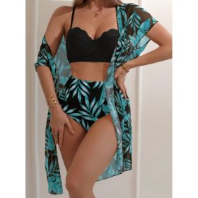 Women's Maple Leaf Printed High Waist Mesh Bikini Suit (Option: Black-S)