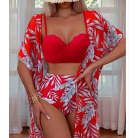 Women's Maple Leaf Printed High Waist Mesh Bikini Suit (Option: Red-S)