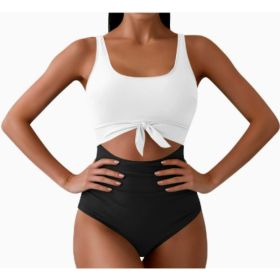 One-piece Female Stitching Contrast Color Strap Covered Belly Swimsuit (Option: Black White-XXL)