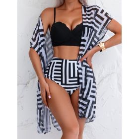 Women's Maple Leaf Printed High Waist Mesh Bikini Suit (Option: Black Stripes-S)