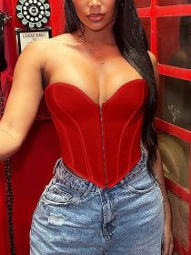 2025 Women's All Season Slim Sexy Bandeau Hook&Eye Solid Plunging-Neck Top Shaping Garment (Color: Red, size: M)