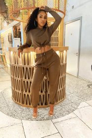 Olive/Brown Cropped Hoodie Jogger Lounge Set (Color: Olive, size: 4)