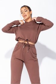 Olive/Brown Cropped Hoodie Jogger Lounge Set (Color: brown, size: 4)