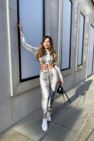 Women Cropped Top Jogger Lounge Set (Color: White, size: 8)