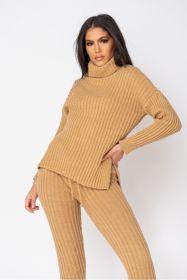 Rib Knit Roll Neck Jumper & Legging Lounge Set (Color: Beige, size: L)