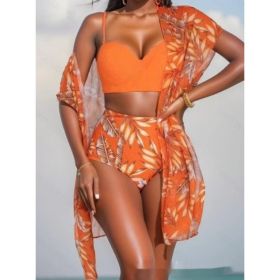 Women's Maple Leaf Printed High Waist Mesh Bikini Suit (Option: Orange 2-L)