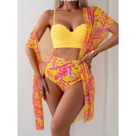 Women's Maple Leaf Printed High Waist Mesh Bikini Suit (Option: Rose Pink-M)