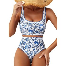 Fashion Paisley Pattern Floral Edge Sexy Bikini Swimsuit (Option: Blue-XXL)