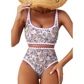 Fashion Paisley Pattern Floral Edge Sexy Bikini Swimsuit (Option: Violet-XXL)
