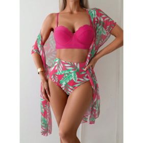 Women's Maple Leaf Printed High Waist Mesh Bikini Suit (Option: Rose Red-L)