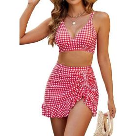 Split Bikini Cover Belly Slimming Swimsuit Suit (Option: Pink Plaid-XXL)